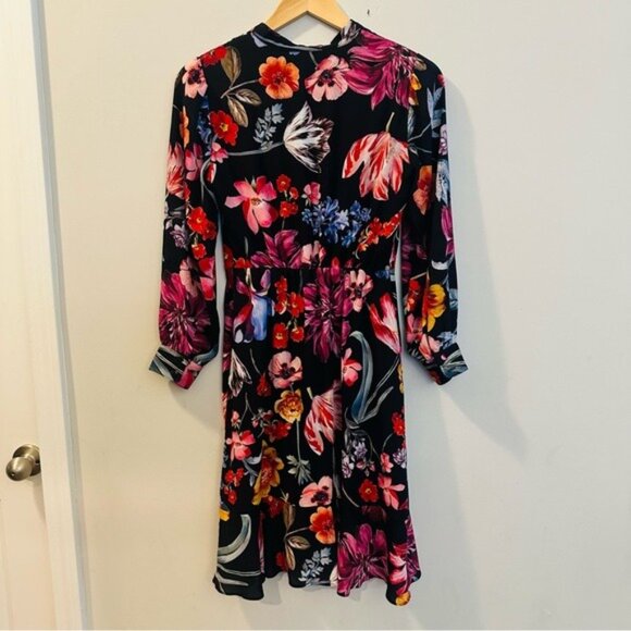 J.crew Tie-Neck Midi Dress Long Sleeve Midnight Dutch Floral Fit & Flare Size 2P - Picture 3 of 9